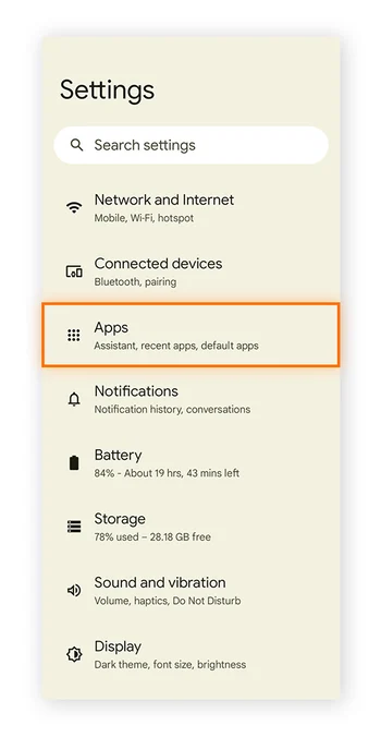 Android 手机上的设置菜单