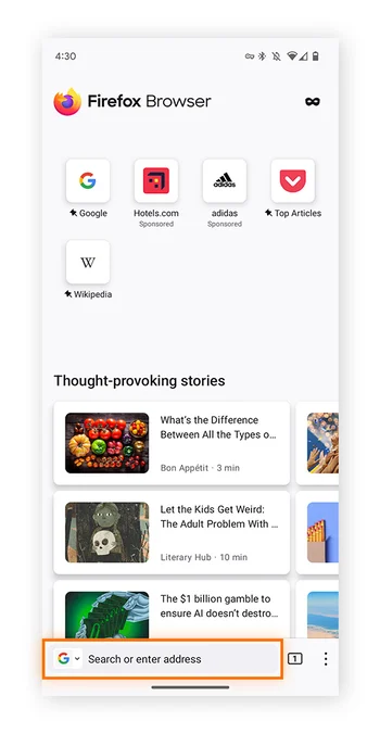 Android 手机上 Firefox for Beta Testers的首页，显示底部的搜索框
