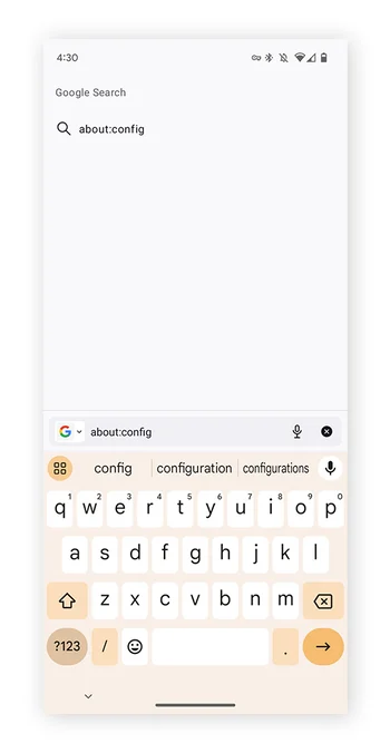 在 Android 上的 Firefox Beta for Testers 中的搜索栏输入
about:config