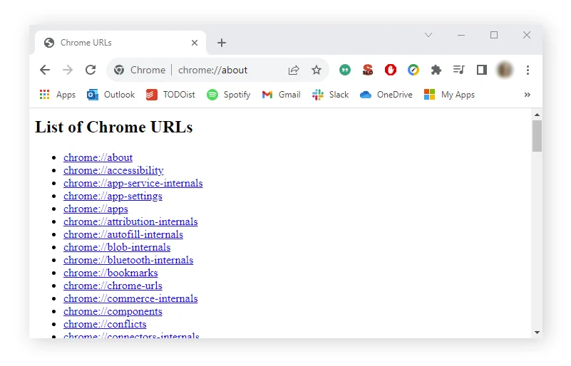 about:about 网页范例，显示 Chrome URL 列表