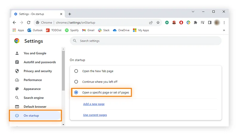 在 Chrome 启动时设定特定页面。