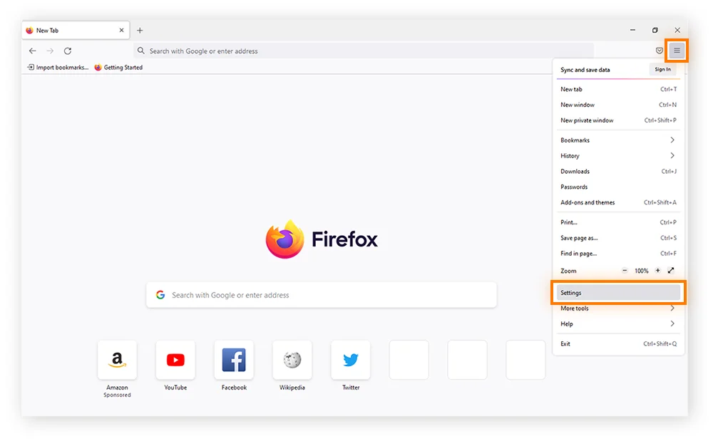在 Mozilla Firefox 中打开设置。