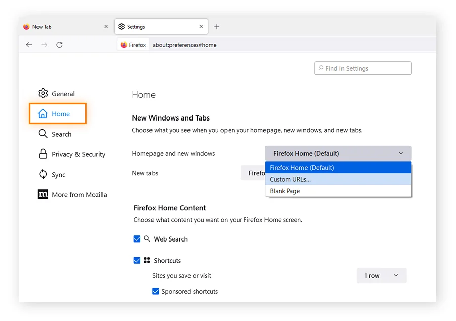 在 Firefox 中添加自定义 URL 作为首页。