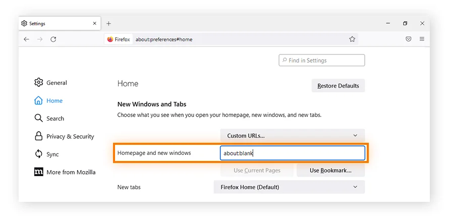 在 Firefox 中设置 about:blank 为首页。