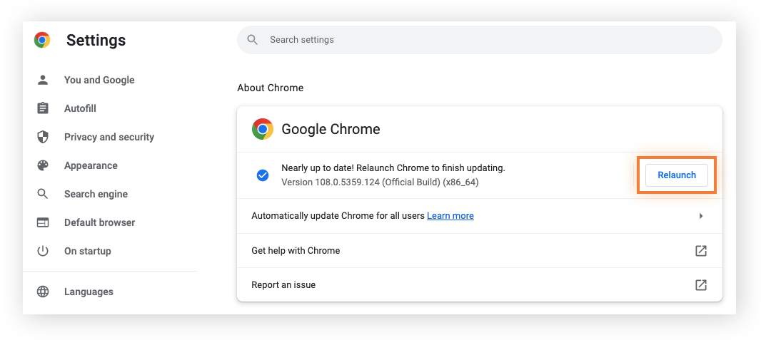 关于 Chrome 页面，突出显示重新启动按钮。