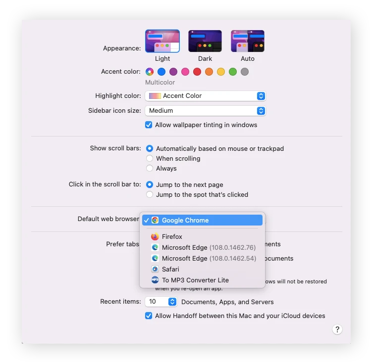 选择 Google Chrome 的默认网页浏览器选项。